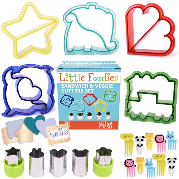 GET FRESH Sandwich Cutters for Kids – Childrens Cutters Set with 5 Sandwich Shapes/Cookie Cutters/Bread Cutters – Comes with 5 Vegetable Cutters and Bonus 10 Bento Decorations and 10 Scratch-off cards