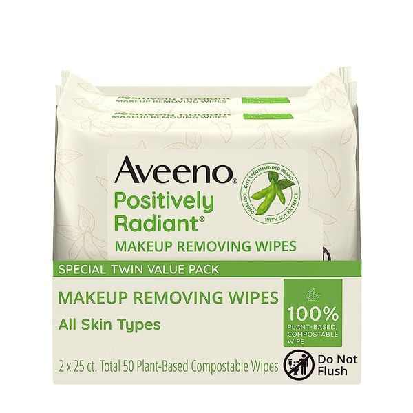 Aveeno Positively Radiant Oil-Free Makeup Removal Cleansing Tissue 25 Sheets 2 Packs