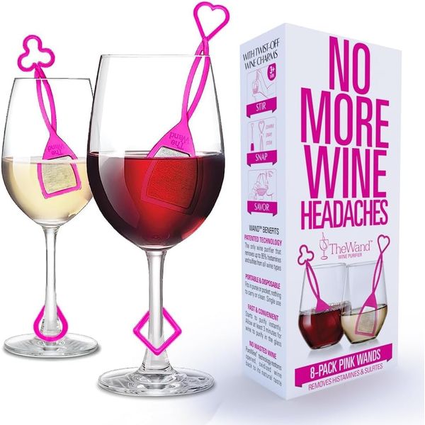 PureWine Pink Wand Filters Histamines and Sulfites - May Reduce and Alleviate Wine Allergies & Sensitivities - Purifier Aerates Wine Restore Taste & Purity - Includes Wine Glass Charm Accessory