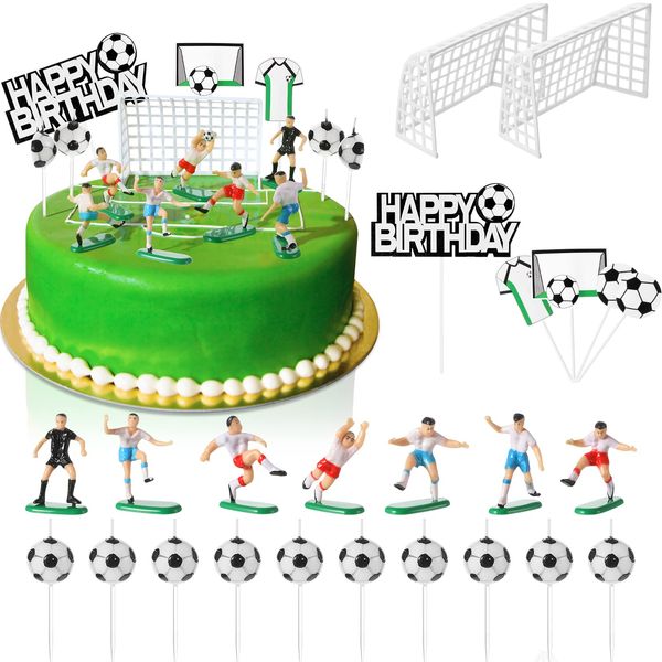 24 Pieces Soccer Cake Topper Decorations Soccer Happy Birthday Cake Topper and Soccer Ball Candles with Soccer Team Player Goalie Soccer Theme Party Supplies Soccer Birthday Decorations for Men Boys