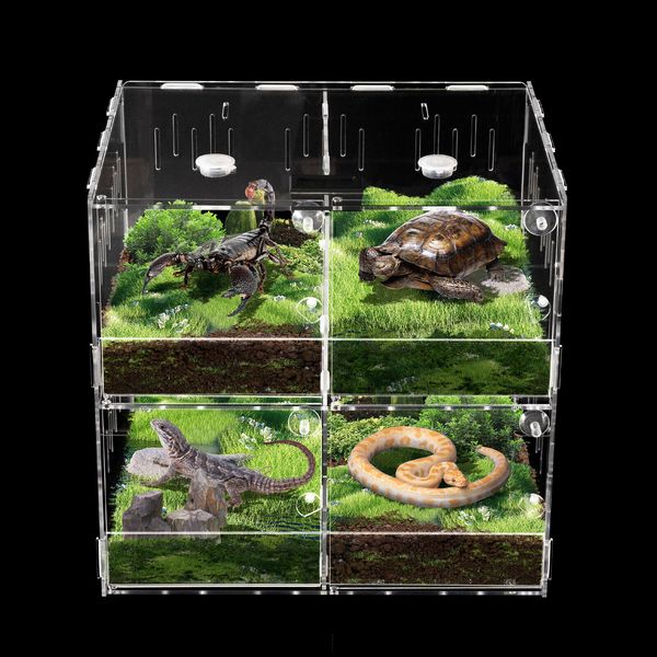 4 Grids Reptile Terrarium Acrylic Clear Display Case Reptile Cage w/Thermometer