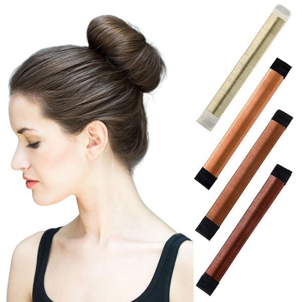 4 PCS Hair Bun Maker for Long Hair French Twist Hair Fold Wrap Snap, Hair Donuts for Buns Easy Bun Maker for Thin Hair Ballet Bun Maker for Women Kids (Black, Dark Brown, Reddish Brown, Light Brown)