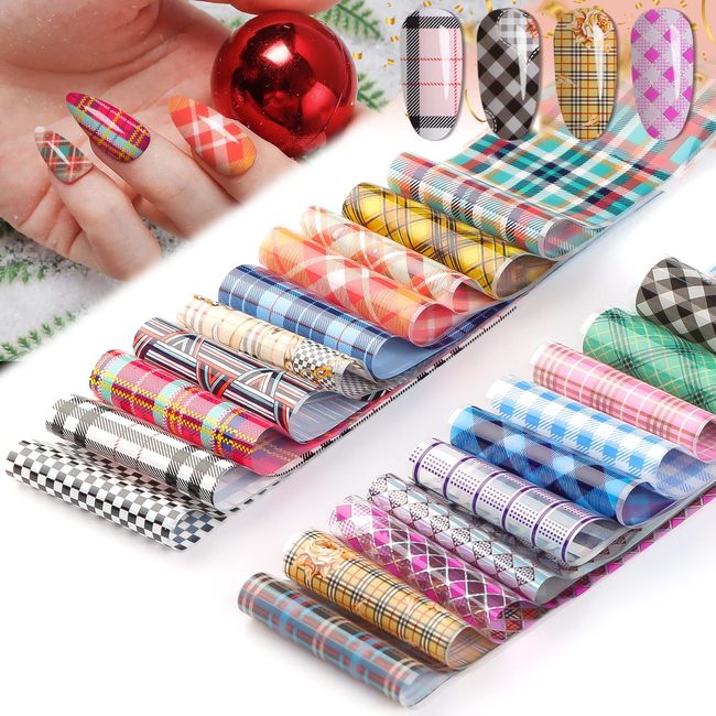 20 Sheets Buffalo Plaid Nail Foil Transfer Sticker, Kalolary Holographic Lines Foil Full Nail Wraps Decals for Winter DIY Nail Art