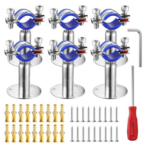 WYSIWYKA 6PCS 304 Stainless Steel Wall Mount Ceiling Mount Pipe Supports,Suitable for OD Pipe 15-19mm,Adjustable Height 50-100mm,Adjustable Pipe Strap Clamp with Screws