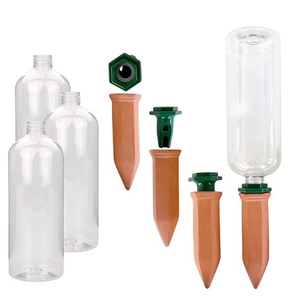 Pflanzenbewässerung | Tonkegel inklusive Adapter und PET Flaschen | 750 ml | Bewässerungsspikes für optimale Bewässerung | 4er-Set | Wasserspender | Ideal für die Abwesenheit während des Urlaubs