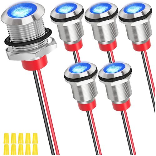 MKBKLLJY 6Pcs 12mm DC 12-24V 1A Blue LED Metal Indicator Light Waterproof Signal Lamp Pilot Dash Directional with 150mm Cable Length and Wiring Cap for Car Interior Trucks Boats Engine taillight