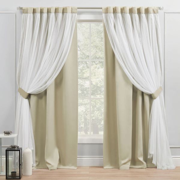 Exclusive Home Catarina Layered Solid Room Darkening Blackout and Sheer Hidden Tab/Rod Pocket Top Curtain Panel Pair, 52"x84", Sand, Set of 2