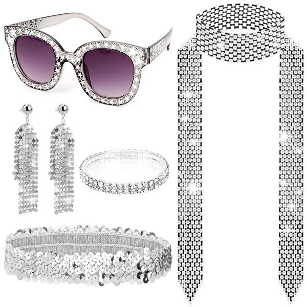 HOWAF 5 Disco Accessoires 70er Jahre Kostüm Glitzer Haarbänder Disco Haarband Sonnenbrille Strass Halskette Pailletten Ohrringe Armband 70er 80er Jahre Fasching Karneval Kostüm Cosplay Costumes