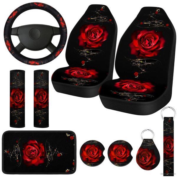 Tallew 10 Pcs Red Rose Car Seat Covers Full Set for Women Art Flower Seat Cover Rubber Steering Wheel Cover Armrest Cover Seatbelt Covers Polyester Fabric Front Seat Rear for Truck SUV Car