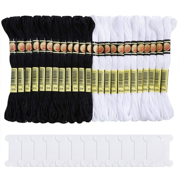 Pllieay 24 Skeins Friendship Bracelets Floss, Black and White Embroidery Cross Stitch Threads Cotton Embroidery Floss with 12 Pieces Floss Bobbins for Knitting, Cross Stitch Project