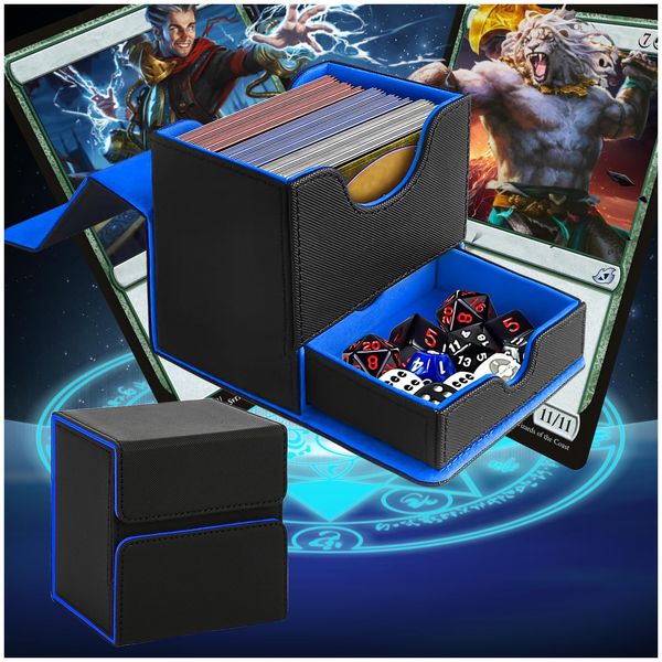 Uwqaqx MTG Deck Box, MTG Commander Deck, Fits 130 Single Sleeved Cards, PU Leather Trading Card Storage Box wite Dice Tray for TCG CCG Magic Cards (Black&Blue)