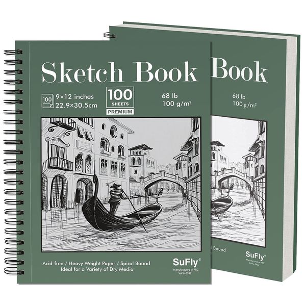 Sketch Book 9x12 inch - Pack of 2 (Total 200 Sheets) Spiral Bound Sketchbook, 68 lb/100gsm Artist Sketch Pad, 100 Sheets Each, Durable Acid Free Drawing Paper, Ideal for Adults & Teens