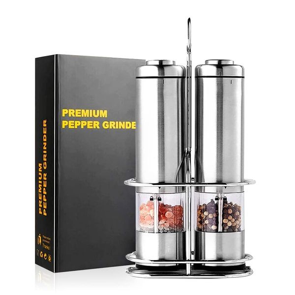 Set of 2 Pepper Mill and Electric Mill Set; Set of 2 Stainless Steel Pepper Mill and Salt Mill with Adjustable Roughness. Can be used as a spice grinder kitchen tool (style1)