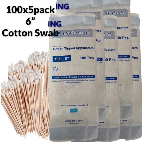 500pcs Cotton Swabs Tips Applicator Non-Sterile 6" Paper Bag Long Wooden Shaft