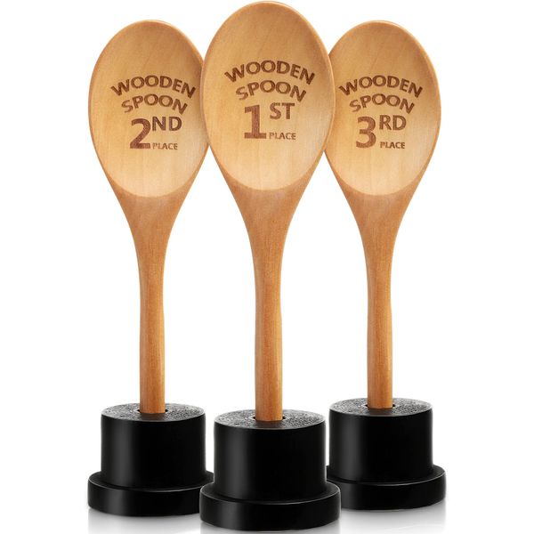 3 Pieces Golden Spoon Award Trophies Set Chili Cook Off Wood Spoon Prizes Wooden Laser Engraved Wooden Spoon with Wooden Trophy Base Cooking Baking Gifts for Bake Off Chili (8.66'')