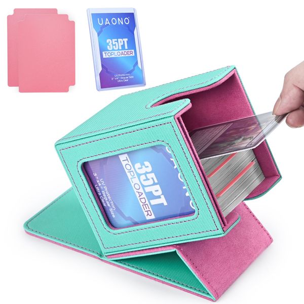 UAONO Card Deck Box with MTG Commander Display, Patented Design Card Deck Case Holds 100+ Double-Sleeved Cards, PU Leather Cards Storage Box for TCG with 2 Dividers, 1 Toploader (Turquoise&Pink)