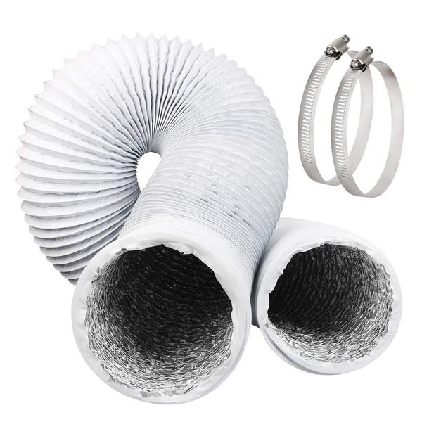 Omont Tumble Dryer Hose 100mm Ducting with 2 Clamps, 4 Inch Flexible Tumble Dryer Vent Kit Extractor Fan Ducting Aluminium Tube for Dryer, Kitchen (White, 5 feet)