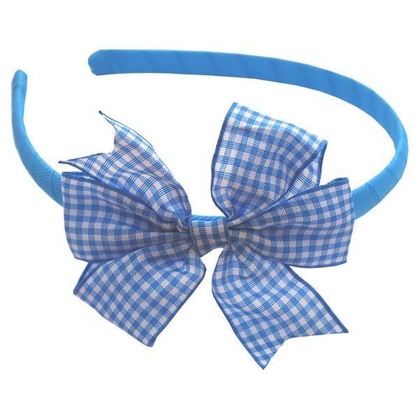 Hair Band Alice Head Band with Gingham Flat Bow School Uniform Accessories (Light Blue & White)