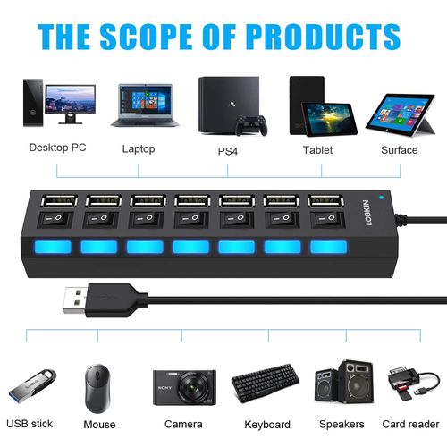 LOBKIN USB Hub 7-Port,USB 2.0 Data with Individual On/Off Power Switches and Lights Portable Extension for PC Laptop More