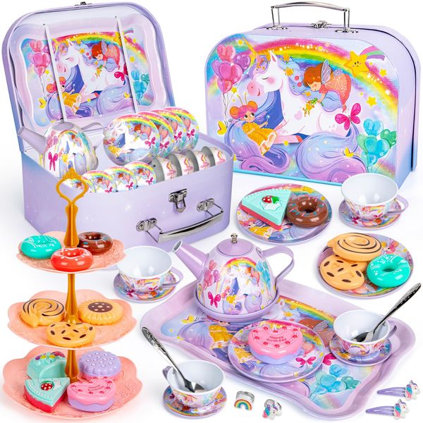 32Pcs Unicorn Tea Party Set for Little Girls Princess Tea Time Toys Playset Including Tin Tea Set Carrying Case Food Sweet Hair Clips and Rings Unicorn Toys Gifts for Kids Age 3 4 5