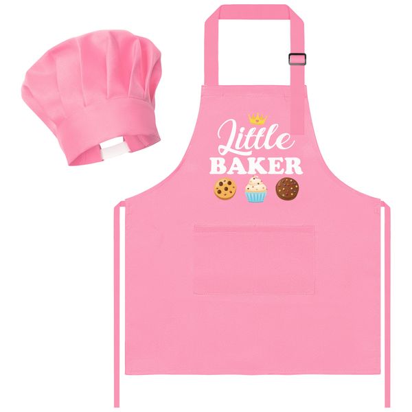 R HORSE 2Pcs Kid Apron and Chef Hat Set, Adjustable Children Pink Baker Kitchen Apron, Dress up Role Play Chef Toy, Cooking Baking Painting Kit Kid Funny Cooking Gift Birthday New Year