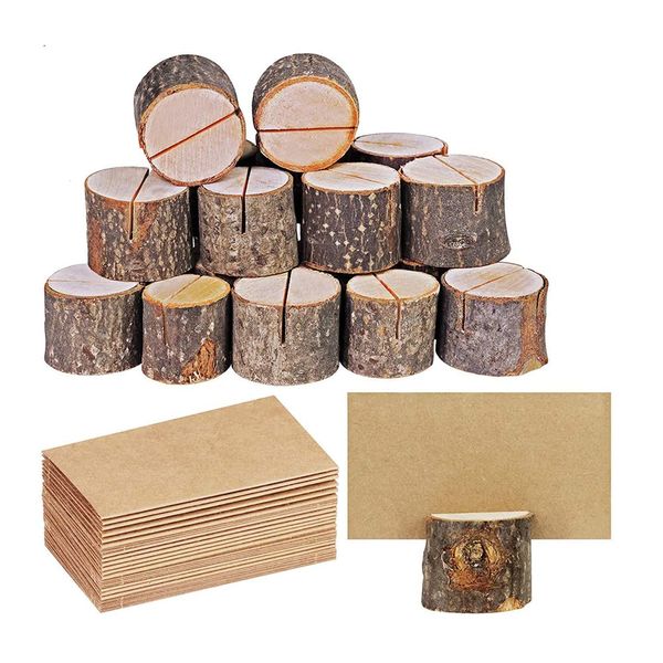 10 Set Place Card Holders Rustic Wood with Wooden Bark Table Card Holder Number Photo Stand Place Name Memo Card Holder Picture Note Clip Holders for Wedding Party Table Sign