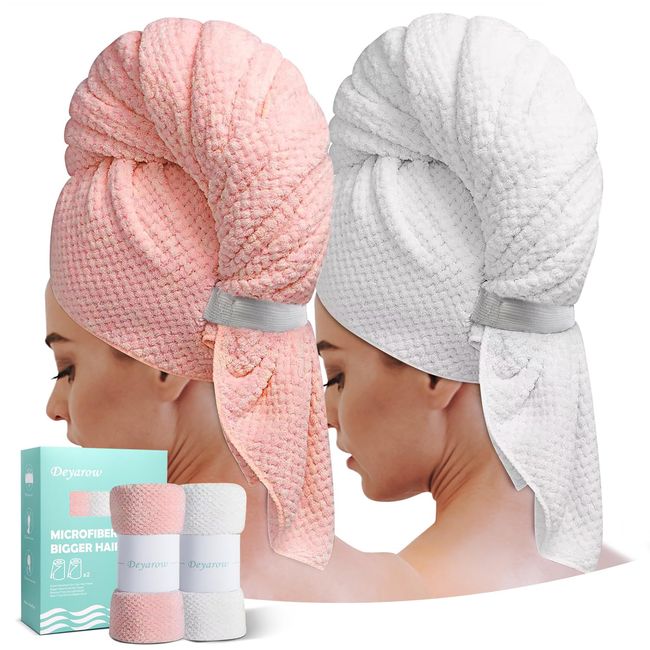 Deyarow 2 Packs Extra Large Microfiber Hair Towels,Super Absorbent and Fast Drying Hair Towel Wrap for Women Long,Curly,Thick Hair,Turbans for Wet Hair with Elastic Band (Pink,White)