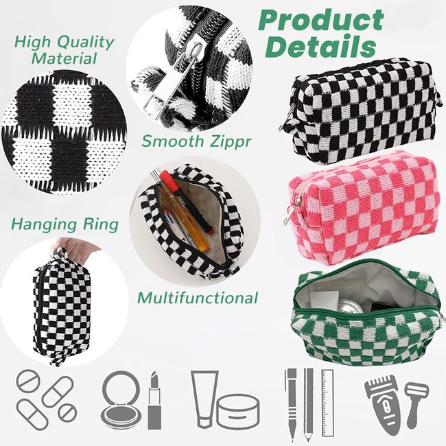 Checkered Pattern Make Up Bag Zipper Top Handle, Cosmetic Bag, Organizer Bag  For Travel