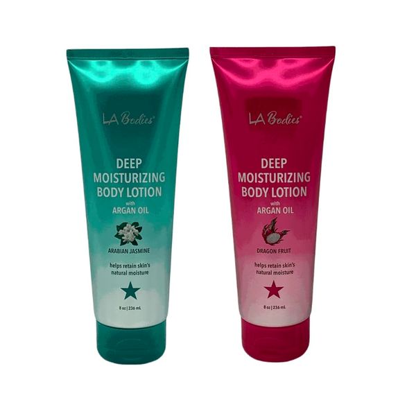 LA Bodies Deep Moisturizing Body Lotion with Argan Oil Retain Skin's Natural Moisture - Arabian Jasmine and Dragon Fruit - 8 oz (236 mL) - 2 Pack