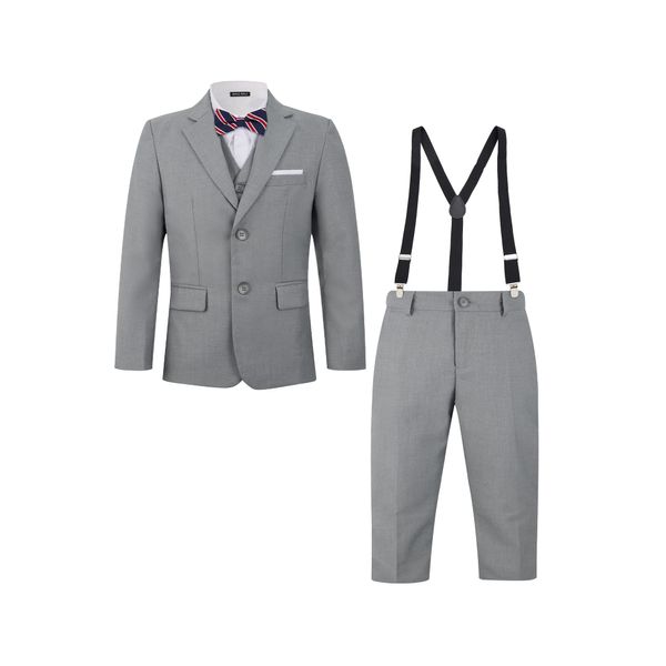 MAGE MALE Boys Multiple Colour Formal Dress Suits 3 Piece Slim Fit Dresswear Suit Set with Kids Suspenders Light Grey