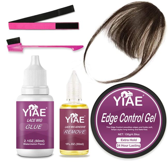 YIAE Wig Glue for Front Lace Wig 2.1OZ, Waterproof Lace Glue and Hair Clip in Bangs Combo Pack - Wig Glue, Wig Glue Remover, Edge Control Gel, Wig Band, Edge Brush and 100% Human Hair Bangs