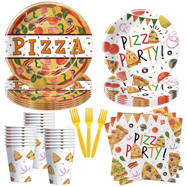 YJRJSC Pizza Birthday Plates And Napkins Party Supplies - Pizza Party Decorations Dinnerware, Paper Plate, Cup, Napkin, Disposable Fork, Pizza Theme Baby Shower Table Decorations Tableware | Serve 24