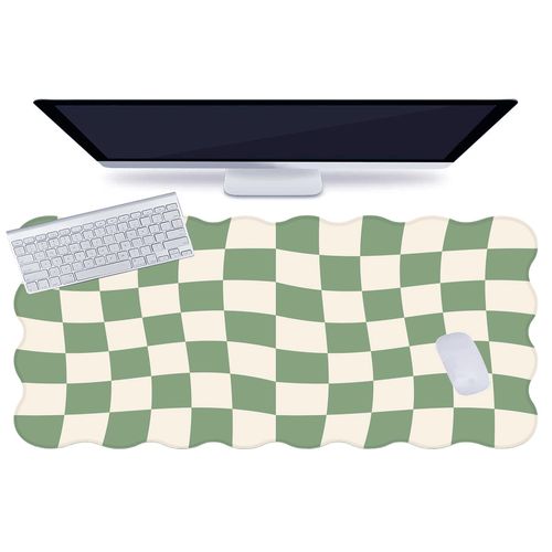 L-SPOUTTO Green Mouse Pad,Geometric Desk Mat XXL Large Scalloped Gaming Mousepad,35.4x15.7in Non-Slip Rubber Base Keyboard Pad Waterproof Desktop Mat for Laptop Computer Game Home Office-Checkered