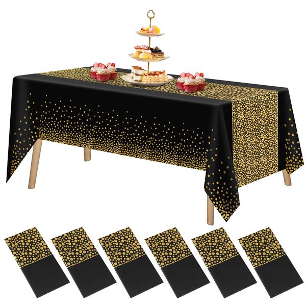 FUYOAL 6 Pieces Black and Gold Table Cloth, Disposable Party Table Cloth Plastic Tablecloth Dot Confetti Party Table Cover for Picnic Baby Shower Halloween Christmas(54" x 108")