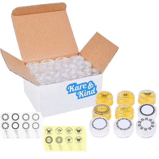 Kare & Kind 48 Packs DIY Natural Empty Lip Balm Container Pot Jars, Cosmetic Containers, with Clear Screw Cap Lids, 5 Gram, Including Lip Balm Stickers (48 Jars + 96 Ashesive Labels, Transparent)