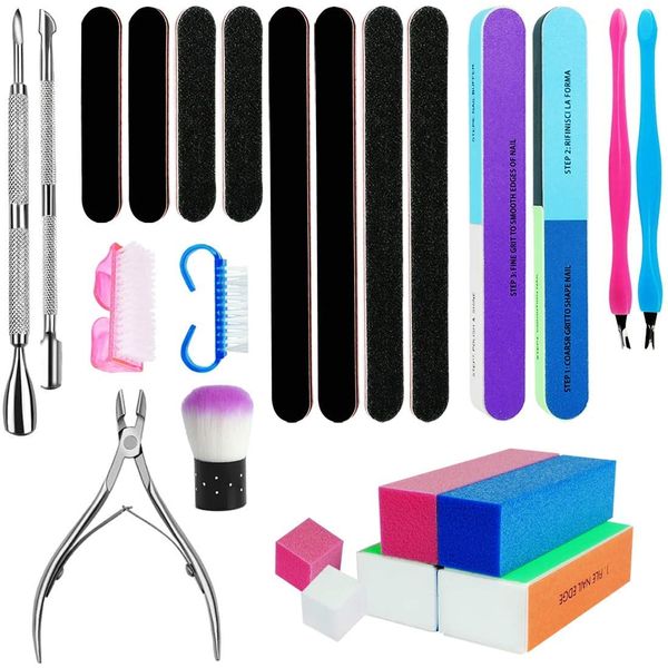 Nail File Set, 24 Pcs Nail File Block Nail Files 7 Ways Buffer Block Cuticle Nipper and Pusher Nail Scrubbing Brushes Nail Dust Brush for Dead Skin Nail Trimming Polishing Shining