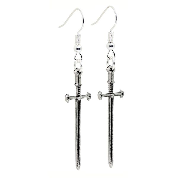 Bluebubble KNIGHT SCHOOL Sword Dangle Earrings on Gift Card (Dragon Slayer Silver)