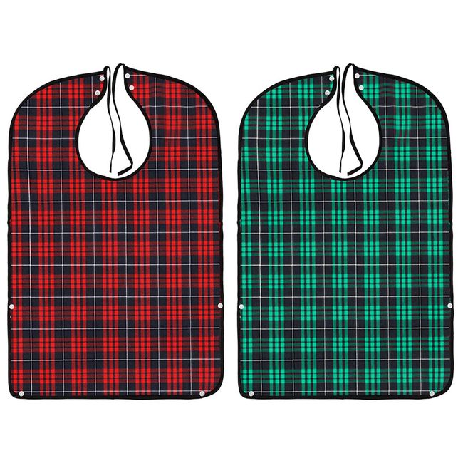 kuou Adult Bibs,Adult The Eldly Bib Adult Washable Dining Bibs for Elderly （2 Pack，Checkered pattern）