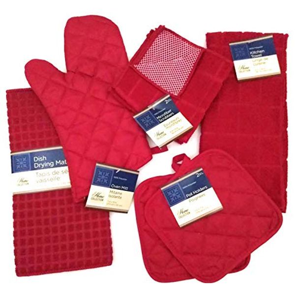 Kitchen Towel Set with 2 Quilted Pot Holders, Oven Mitt, Dish Towel, Dish Drying Mat, 2 Microfiber Scrubbing Dishcloths (Red)