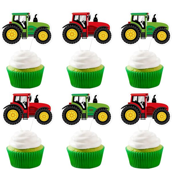 Ercadio 24 PCS Double Sided Tractor Cupcake Toppers Boy's Birthday Cupcake Toppers Decoration of Farm Party Decoration Tractor Theme Party Decor Supplies