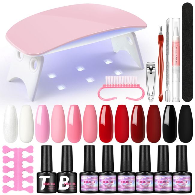 Gel Polish Kit with U V Light Starter Kit 6pcs Gel Polish Set Spring Colors Red Pink White Nail Lamp No Wipe Top Base Coat Nail Art Complete Gel Manicure Kit DIY Gifts for Women