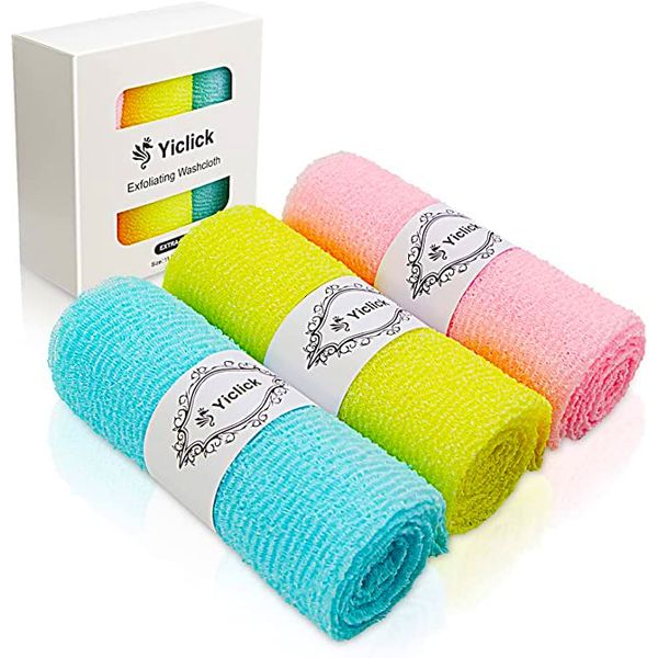 Yiclick Exfoliating Washcloth Towel [3 Pack], Japanese Exfoliating Bath Wash Cloth for Body Exfoliation, Korean Back Scrubber Washer for Shower, African Net Sponge Brush Loofah Exfoliator (3 Colors)