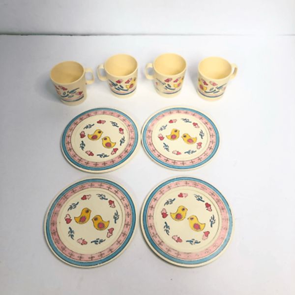 vintage chilton tea set plastic cups and saucers blue yellow birds 8 piece