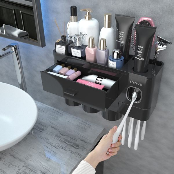 iHave Toothbrush Holders for Bathrooms, 3 Cups Toothbrush Holder Wall Mounted with Toothpaste Dispenser - Large Capacity Tray, Cosmetic Drawer - Bathroom Organizer & Bathroom Organization and Storage