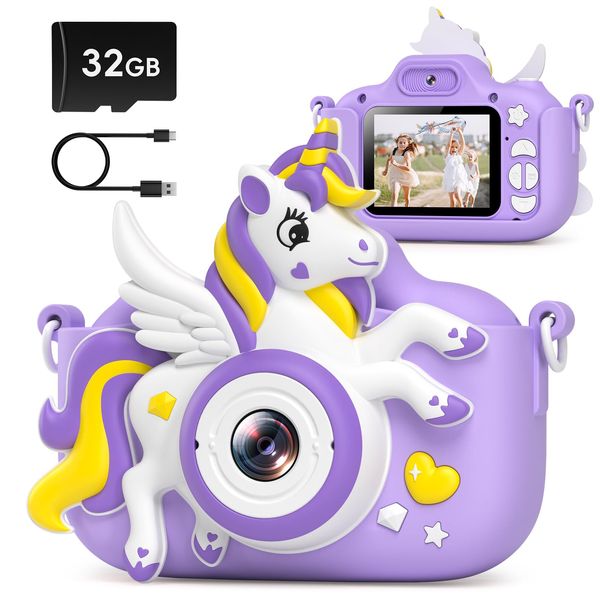 Kids Camera Toys Digital Camera for Kids, Christmas Birthday Gifts for Girls Age 3-12, Selfie 1080P HD Video Digital Camera for 3 4 5 6 7 8 9 10 Year Old Girls with 32GB SD Card