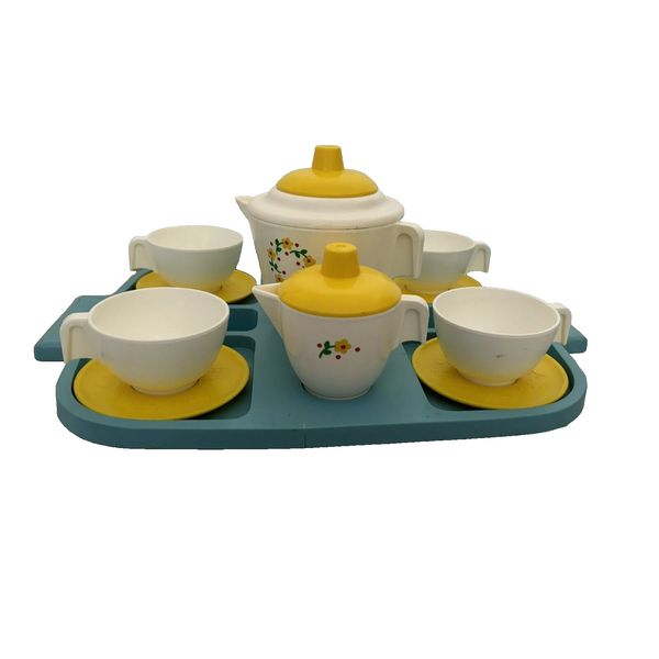 VTG 1982 Fisher Price Teapot Tea Set Blue Tray Yellow Dishes Missing Pieces