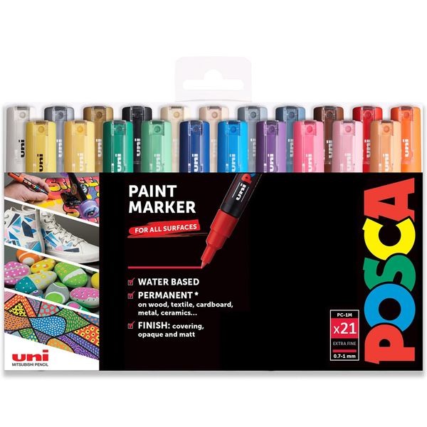 Posca PC-1M Paint Art Marker Pens - Fabric Glass Metal Pen - Full Range Set of all 21 Colours - In Gift Wallet Packaging