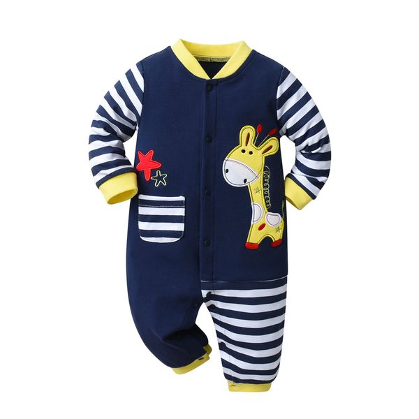 Baby Boys Girls Romper with Giraffe Pattern One Piece Jumpsuit Long Sleeve Baby Outfits 2 Pack, Blue, 3-6 Months