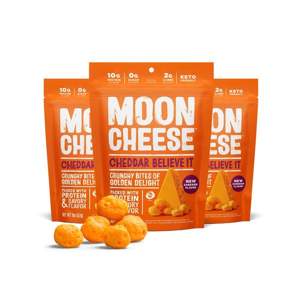 Moon Cheese Cheddar Believe It, 2 Ounce, 3-Pack, Crunchy, Protein-Rich Cheese Snack, Keto Friendly, 100% Real Cheese