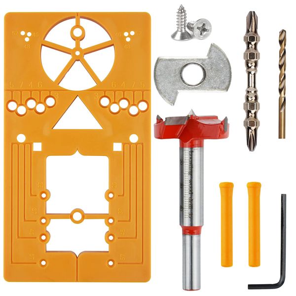 Forstner Drill Bit with Hinge Jig Woodworking Hinge Hole Cutter for Kitchen Cabinet Cupboard Doors Hinge Mounting Plate, Hinge Hole Cutter with Depth Stop